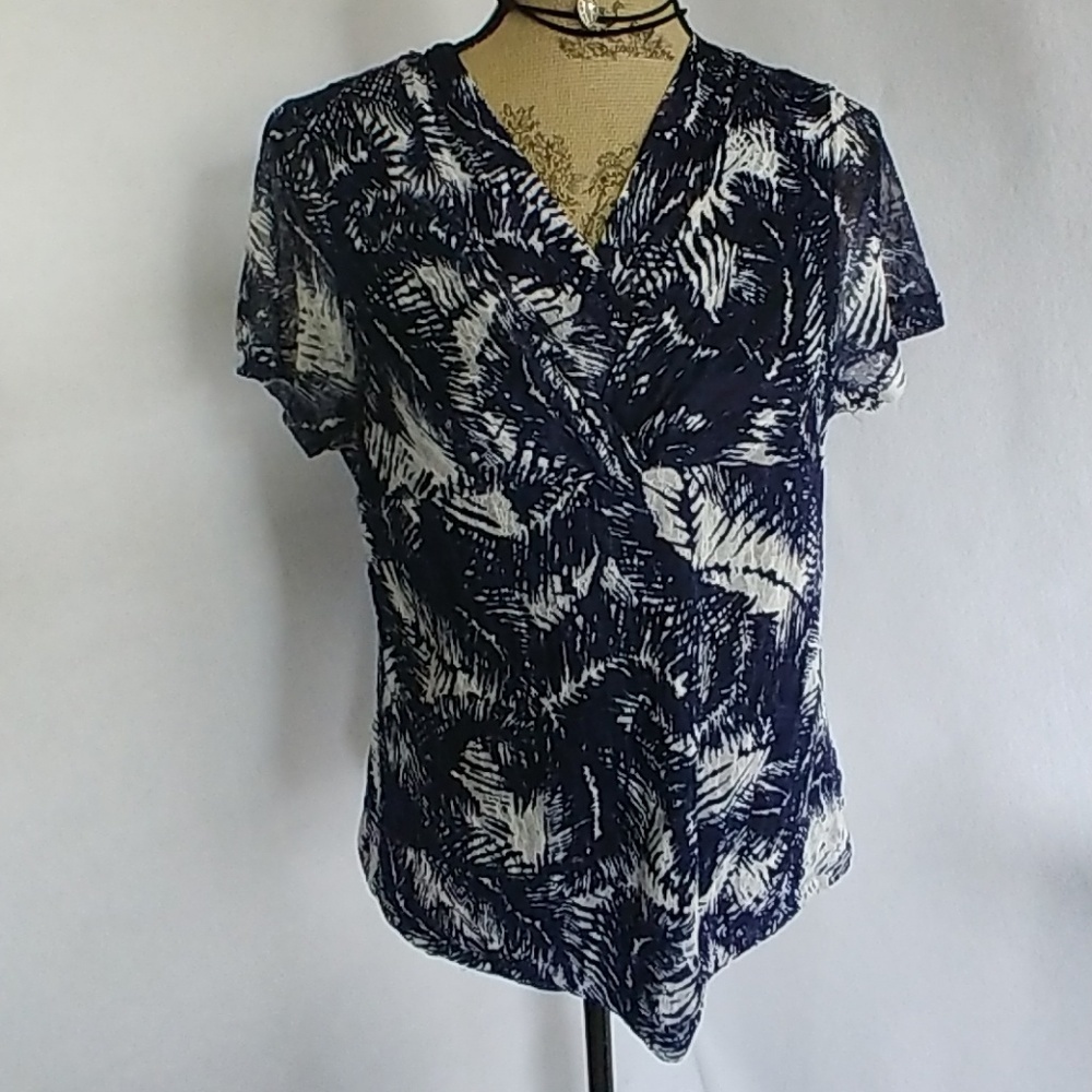 Rafaella Navy White Lace Overlay Blouse Top
